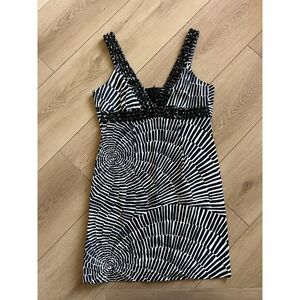 Trina Turk Black White Print Beaded Neckline‎ Party Cocktail Dress